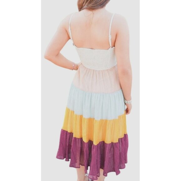 NWT Voy Linen Blend Spaghetti Strap Multi Color Dress W/ Smocked Back~Medium - Picture 9 of 9